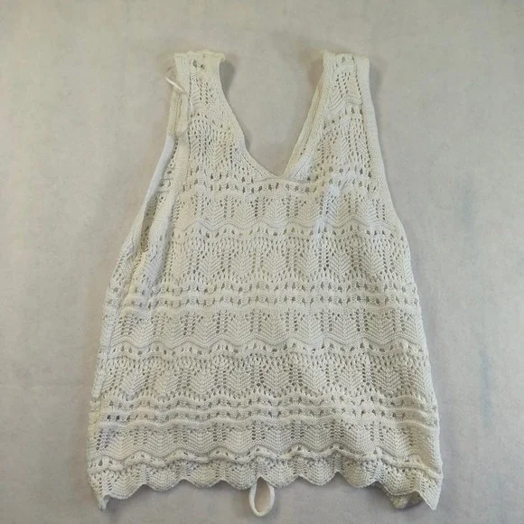 Jessica Simpson Crochet Knit Tank Top Cream Boho Drawstring Beachy Chic L - Picture 3 of 9